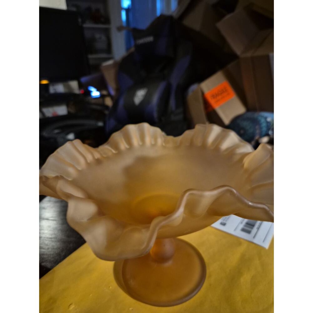 Vintage Westmoreland Peach Satin Frosted Glass Ruffled Pedestal Compote...